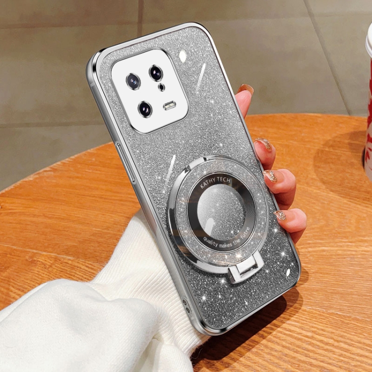 

For Xiaomi 13 Plated Gradient Glitter Round Holder TPU Phone Case(Silver)