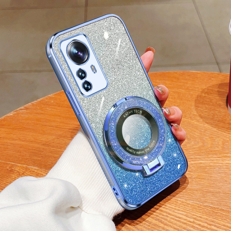 

For Xiaomi 12 Pro / 12S Pro Plated Gradient Glitter Round Holder TPU Phone Case(Sierra Blue)
