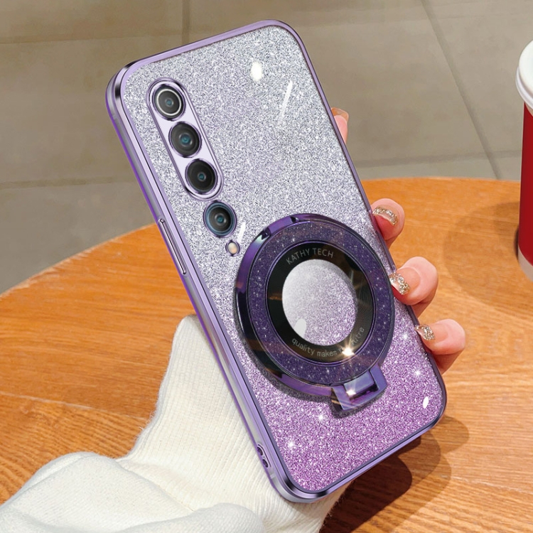 

For Xiaomi Mi 10 Plated Gradient Glitter Round Holder TPU Phone Case(Purple)