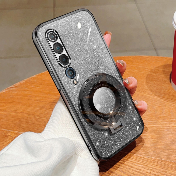 

For Xiaomi Mi 10 Plated Gradient Glitter Round Holder TPU Phone Case(Black)