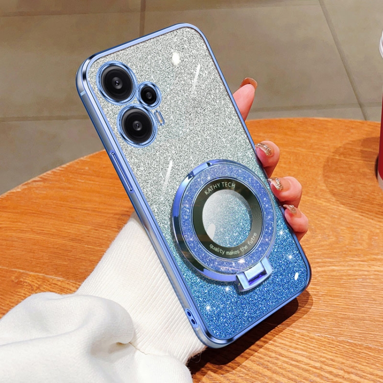 

For Xiaomi Poco F5 Plated Gradient Glitter Round Holder TPU Phone Case(Sierra Blue)