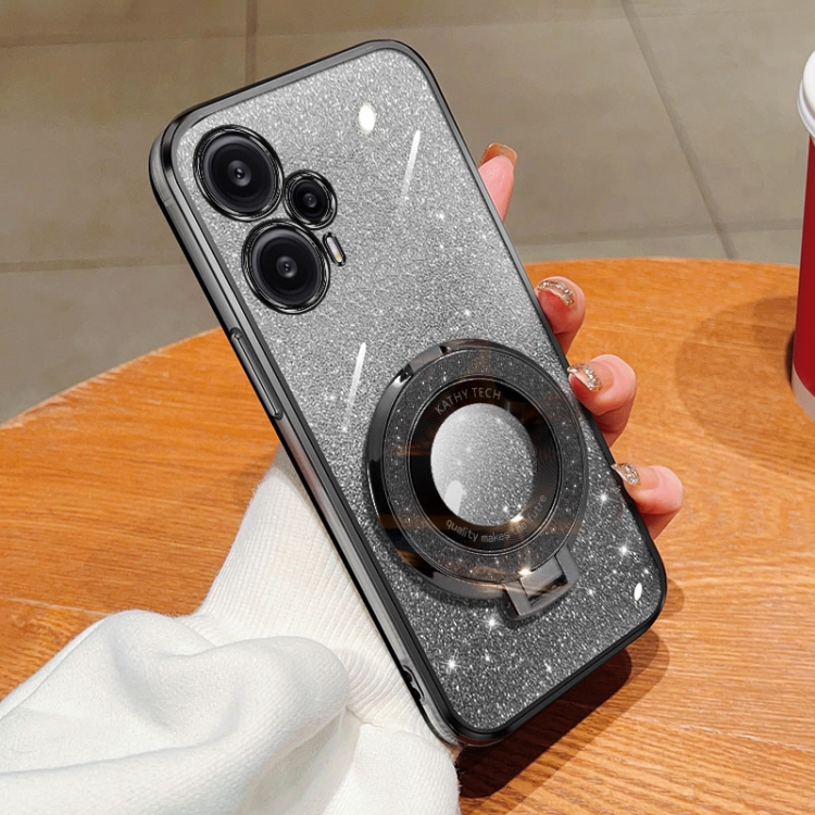 

For Xiaomi Poco F5 Plated Gradient Glitter Round Holder TPU Phone Case(Black)