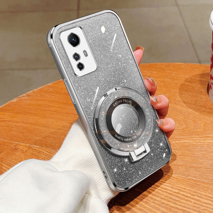 

For Redmi Note 12S Plated Gradient Glitter Round Holder TPU Phone Case(Silver)