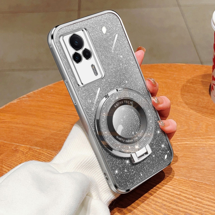 

For Redmi K60E Plated Gradient Glitter Round Holder TPU Phone Case(Silver)