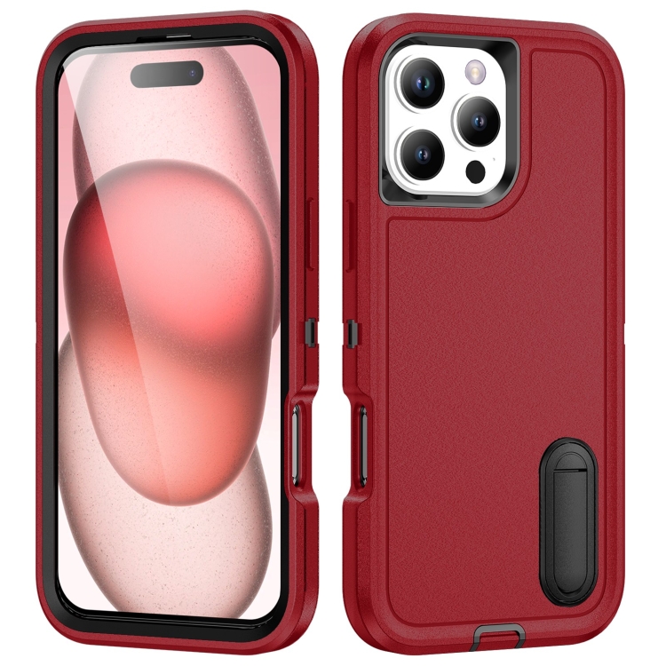 

For iPhone 16 Pro Rugged PC + Silicone Phone Case with Holder(Red+Black)