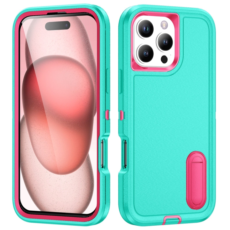 

For iPhone 16 Pro Rugged PC + Silicone Phone Case with Holder(Light Green+Rose Red)