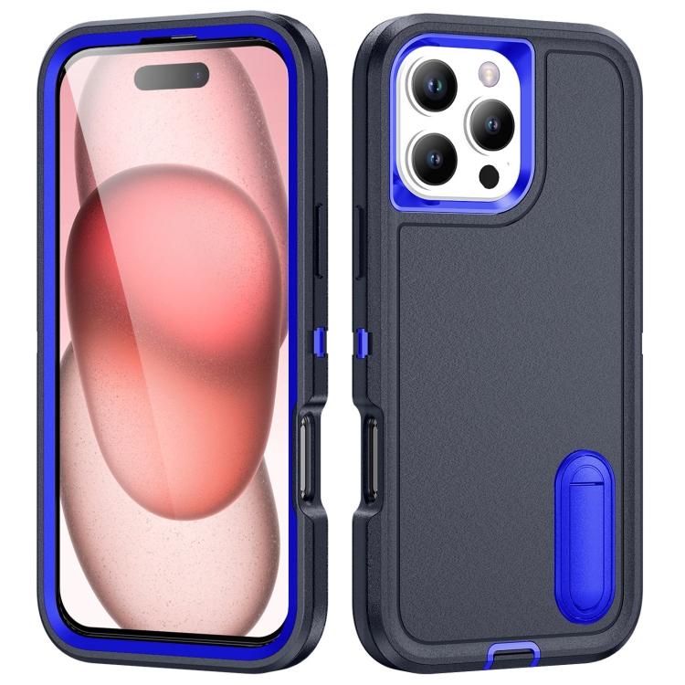 

For iPhone 16 Pro Rugged PC + Silicone Phone Case with Holder(Dark Blue+Royal Blue)