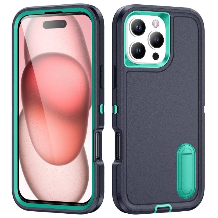 

For iPhone 16 Pro Rugged PC + Silicone Phone Case with Holder(Dark Blue+Light Green)