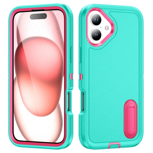 

For iPhone 16 Plus Rugged PC + Silicone Phone Case with Holder(Light Green+Rose Red)