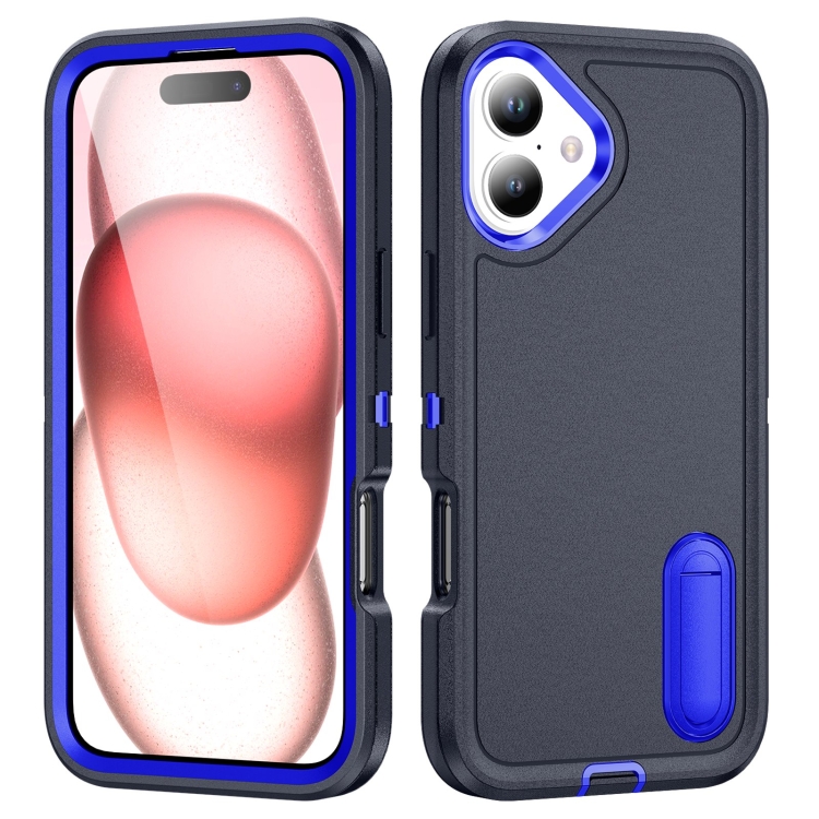 

For iPhone 16 Plus Rugged PC + Silicone Phone Case with Holder(Dark Blue+Royal Blue)
