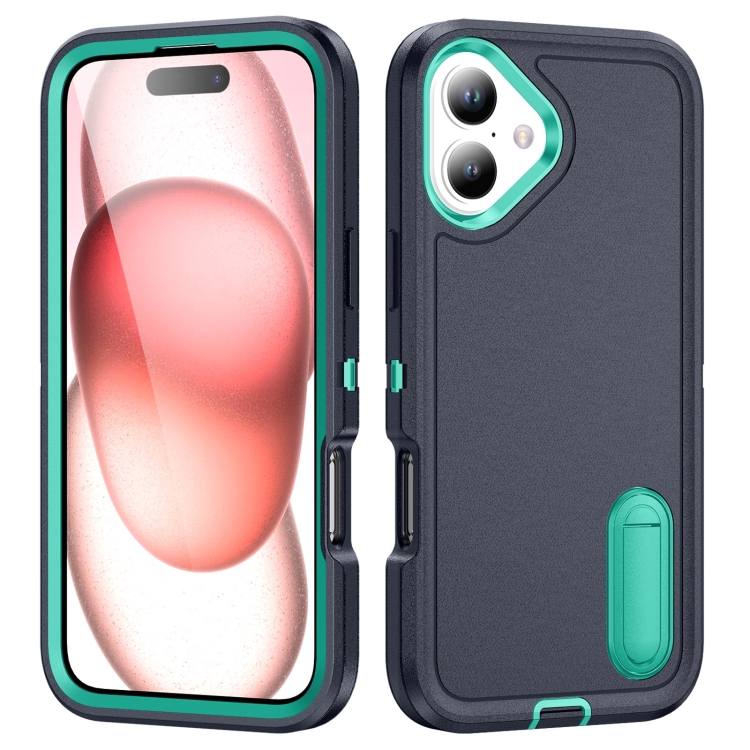 

For iPhone 16 Plus Rugged PC + Silicone Phone Case with Holder(Dark Blue+Light Green)