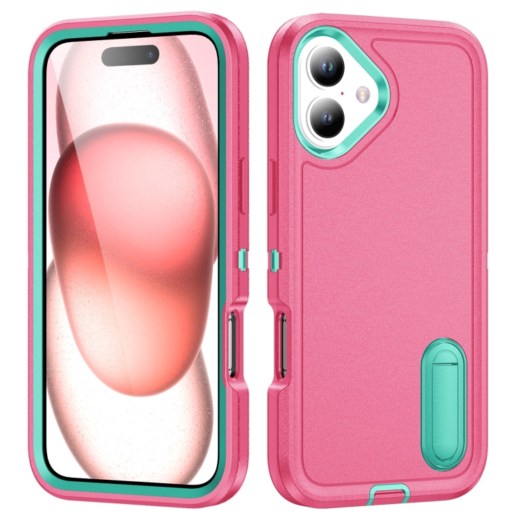

For iPhone 16 Rugged PC + Silicone Phone Case with Holder(Rose Red+Light Green)