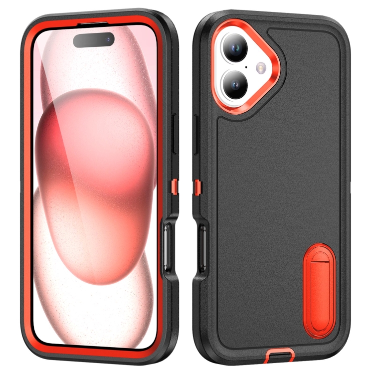 

For iPhone 16 Rugged PC + Silicone Phone Case with Holder(Black+Orange)