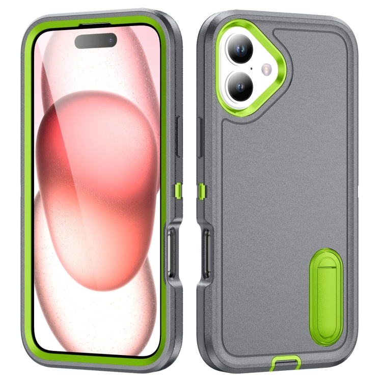 

For iPhone 16 Rugged PC + Silicone Phone Case with Holder(Grey+Fresh Green)