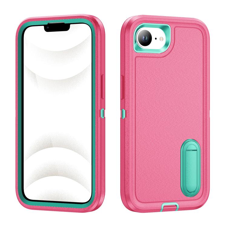 

For iPhone 16e Rugged PC + Silicone Phone Case with Holder(Rose Red+Light Green)