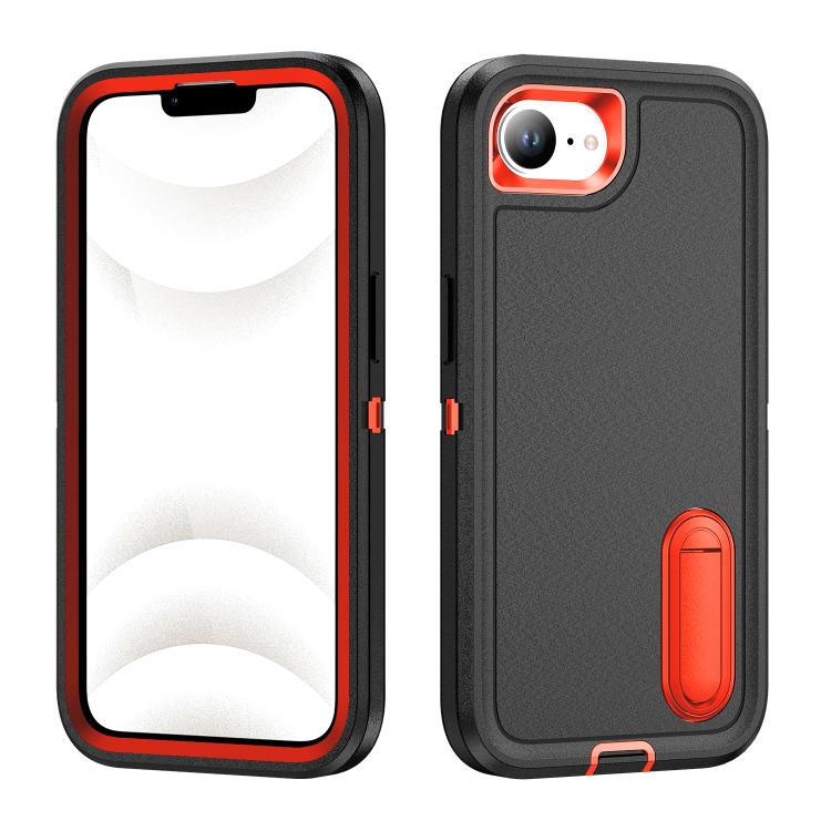 

For iPhone 16e Rugged PC + Silicone Phone Case with Holder(Black+Orange)