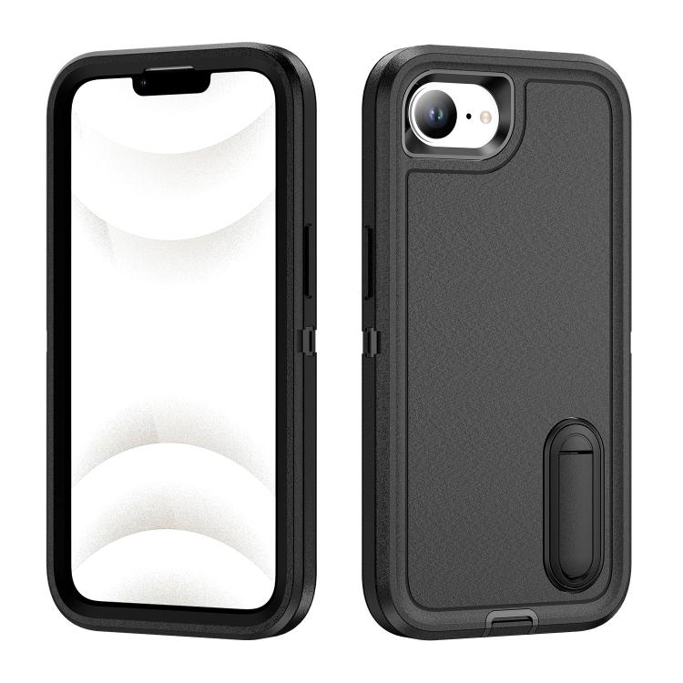 

For iPhone 16e Rugged PC + Silicone Phone Case with Holder(Black)