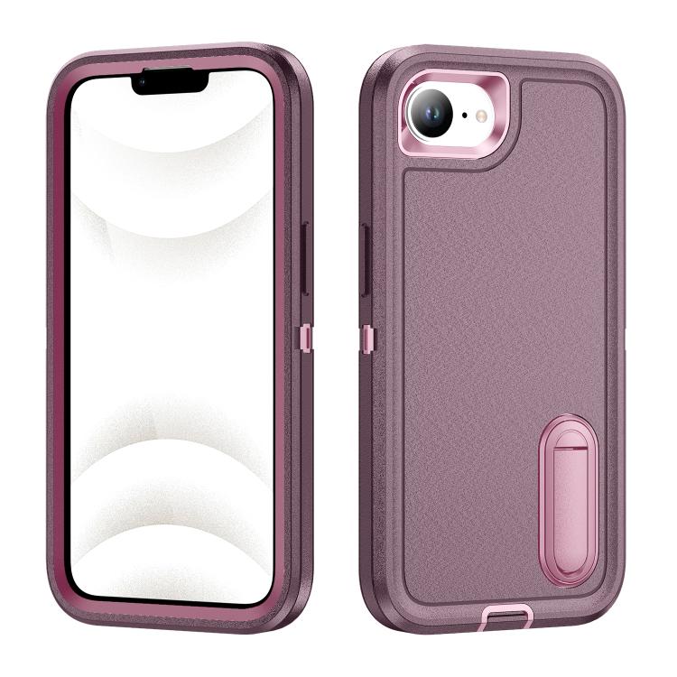 

For iPhone 16e Rugged PC + Silicone Phone Case with Holder(Purple+Pink)