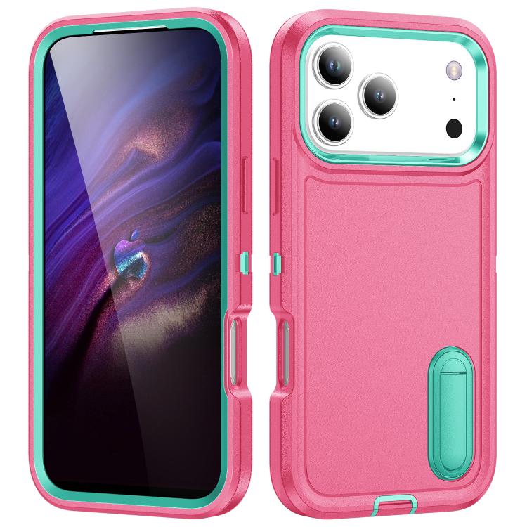 

For iPhone 17 Pro Max Rugged PC + Silicone Phone Case with Holder(Rose Red+Light Green)