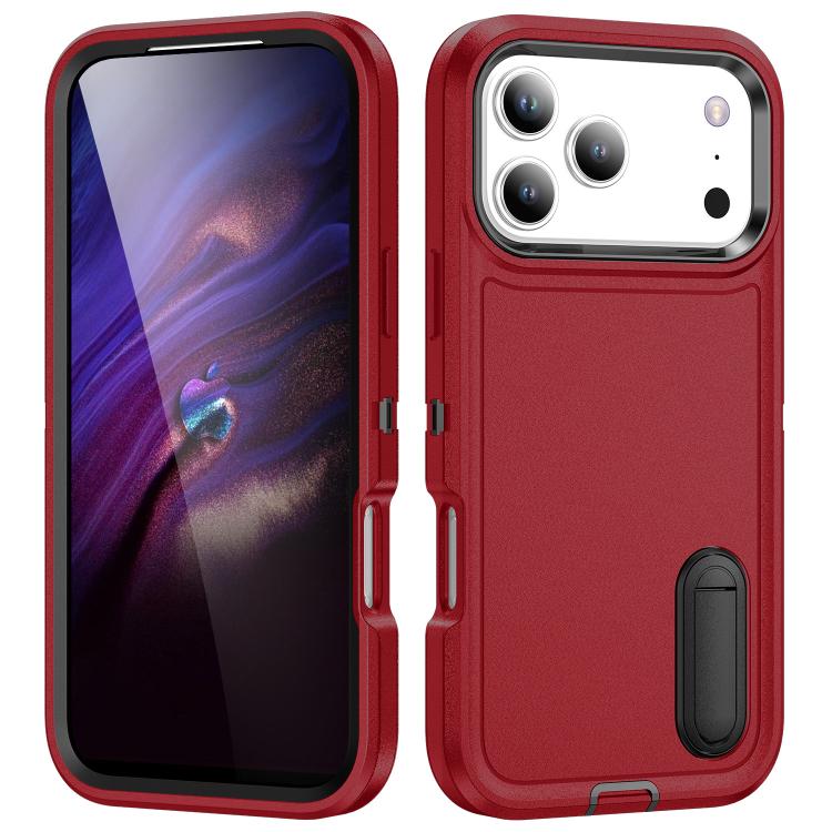 

For iPhone 17 Pro Rugged PC + Silicone Phone Case with Holder(Red+Black)