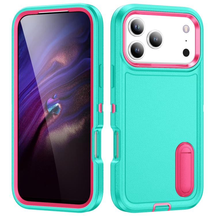 

For iPhone 17 Pro Rugged PC + Silicone Phone Case with Holder(Light Green+Rose Red)