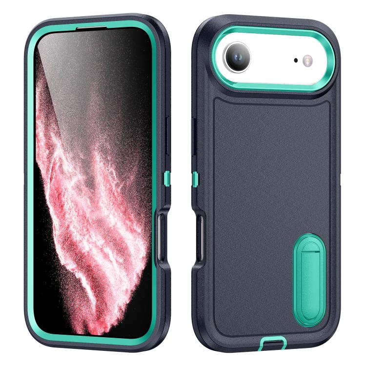 

For iPhone 17 Air Rugged PC + Silicone Phone Case with Holder(Dark Blue+Light Green)