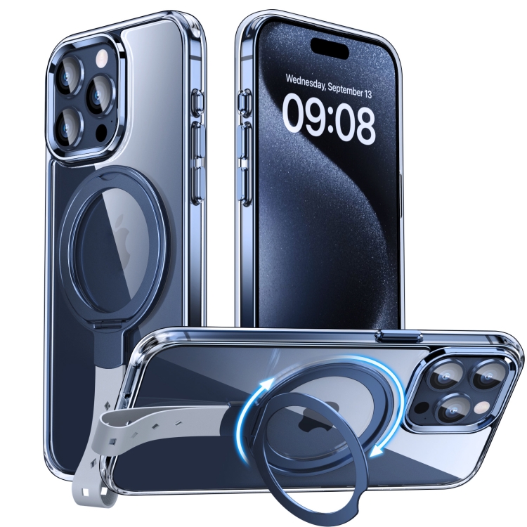 

For iPhone 15 Pro Max Holder Hand Strap MagSafe Transparent Phone Case(Blue + Grey Strap)