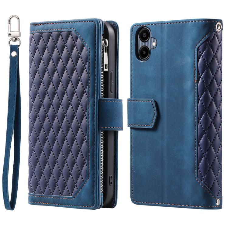 

For Samsung Galaxy A07 4G Grid Texture Zipper Leather Phone Case with Lanyard(Blue)
