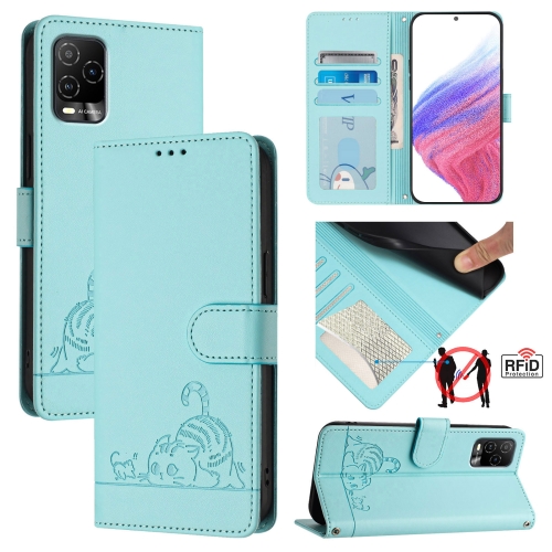 

For BLU View 5 Pro Cat Rat Embossed RFID Leather Phone Case with Lanyard(Mint Green)