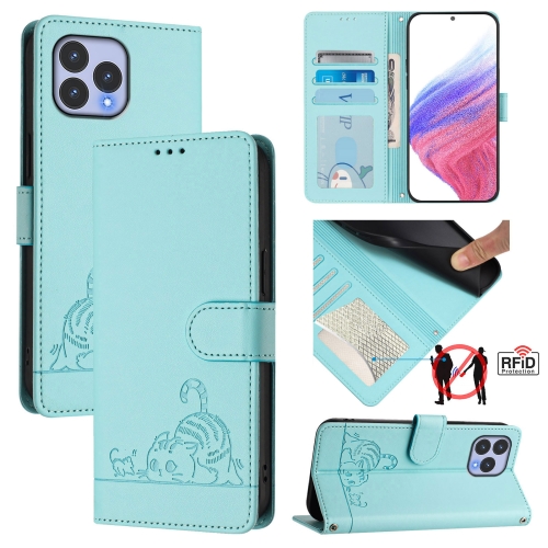 

For Wiko T60 Cat Rat Embossed RFID Leather Phone Case with Lanyard(Mint Green)