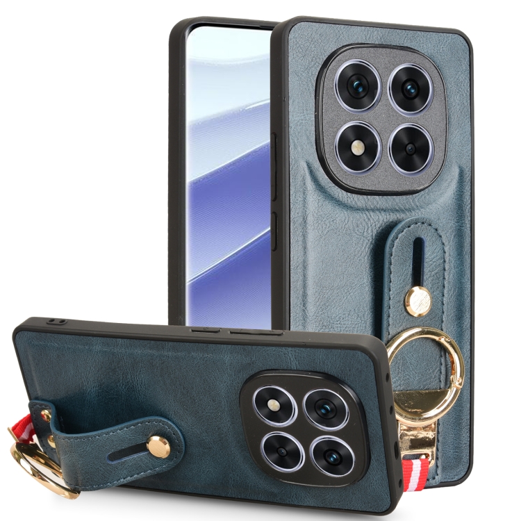 

For Redmi Note 14 Pro 5G Wristband Leather Back Phone Case(Blue)
