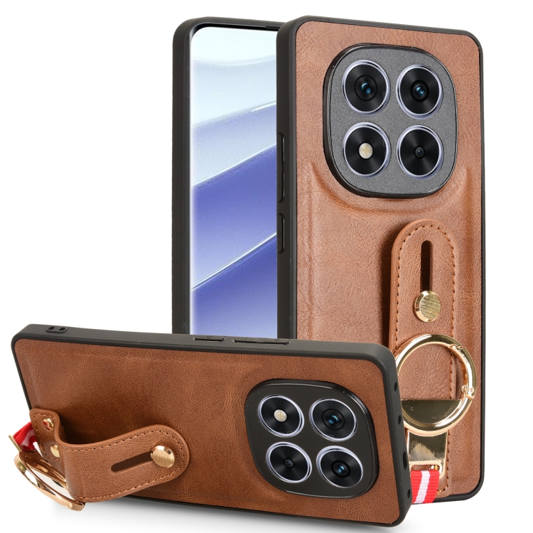 

For Redmi Note 14 Pro 5G Wristband Leather Back Phone Case(Brown)