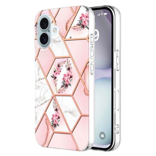 

For iPhone 16 Plus Splicing Marble Flower IMD TPU Phone Case(Pink Flower)