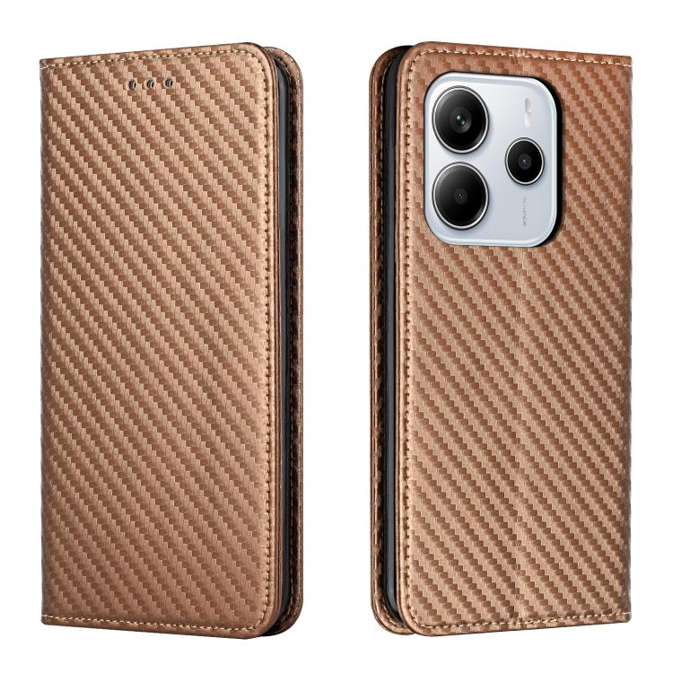 

For Redmi Note 14 4G 163.25mm Carbon Fiber Texture Magnetic Flip Leather Phone Case(Brown)