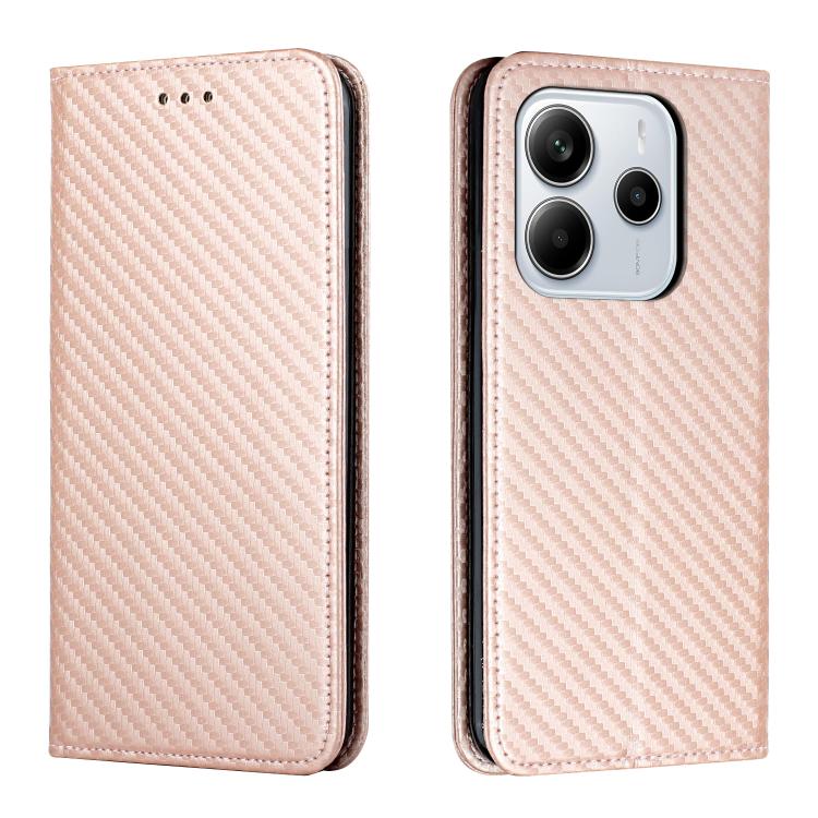 

For Redmi Note 14 4G 163.25mm Carbon Fiber Texture Magnetic Flip Leather Phone Case(Rose Gold)