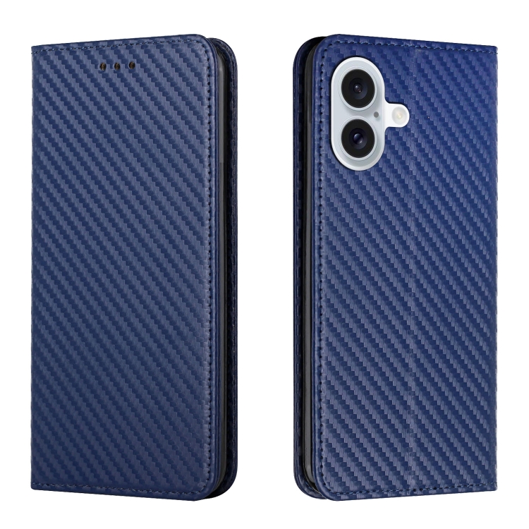 

For iPhone 16 Plus Carbon Fiber Texture Magnetic Flip Leather Phone Case(Blue)