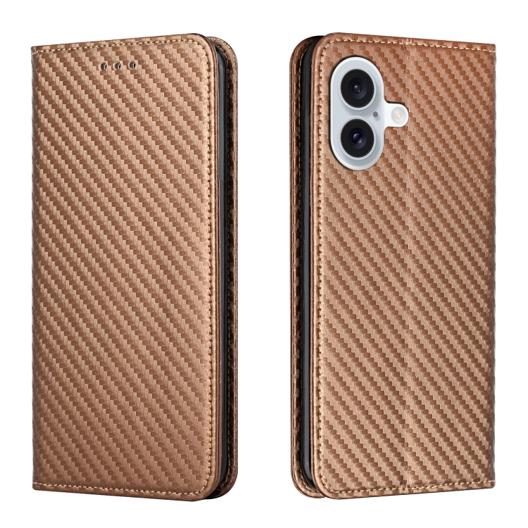 

For iPhone 16 Plus Carbon Fiber Texture Magnetic Flip Leather Phone Case(Brown)