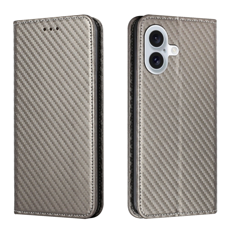 

For iPhone 16 Carbon Fiber Texture Magnetic Flip Leather Phone Case(Grey)