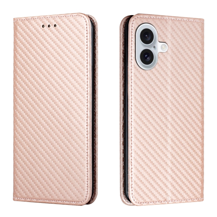 

For iPhone 16 Carbon Fiber Texture Magnetic Flip Leather Phone Case(Rose Gold)