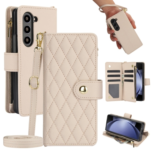 

For Samsung Galaxy Z Fold6 Rhombic Zipper Card Wallet Leather Phone Case with Lanyard(Apricot)