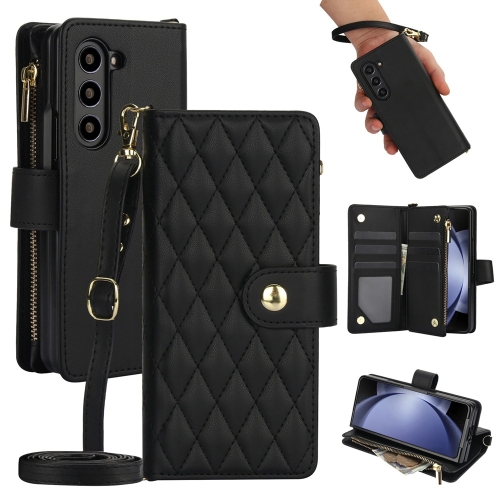 

For Samsung Galaxy Z Fold5 Rhombic Zipper Card Wallet Leather Phone Case with Lanyard(Black)