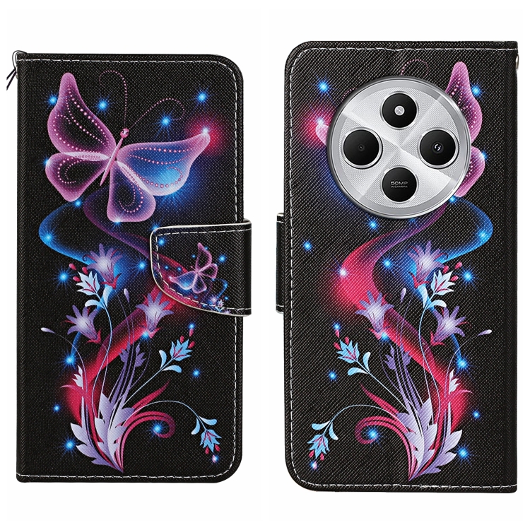 

For Redmi 14C 4G Colored Drawing Pattern Leather Phone Case(Fluorescent Butterfly)