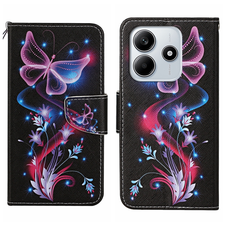 

For Redmi Note 14 5G Colored Drawing Pattern Leather Phone Case(Fluorescent Butterfly)