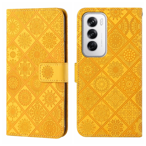 

For OPPO Reno12 5G Global Ethnic Style Embossed Pattern Leather Phone Case(Yellow)