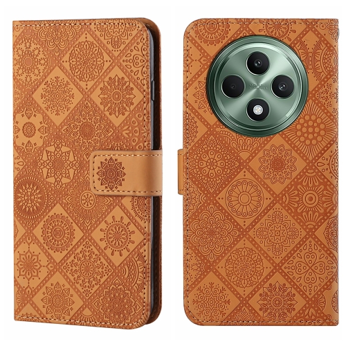 

For OPPO Reno12 F Global Ethnic Style Embossed Pattern Leather Phone Case(Brown)