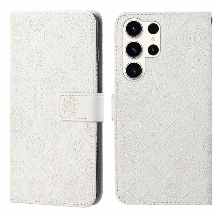 

For Samsung Galaxy S25 Ultra 5G Ethnic Style Embossed Pattern Leather Phone Case(White)