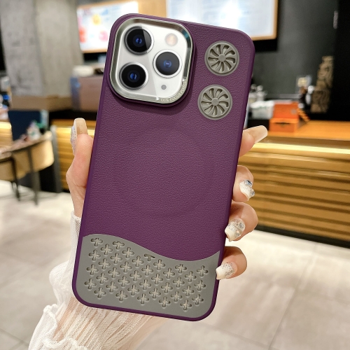 

For iPhone 11 Pro Leather Textured Fan Hollow Cooling MagSafe Magnetic Phone Case(Purple)