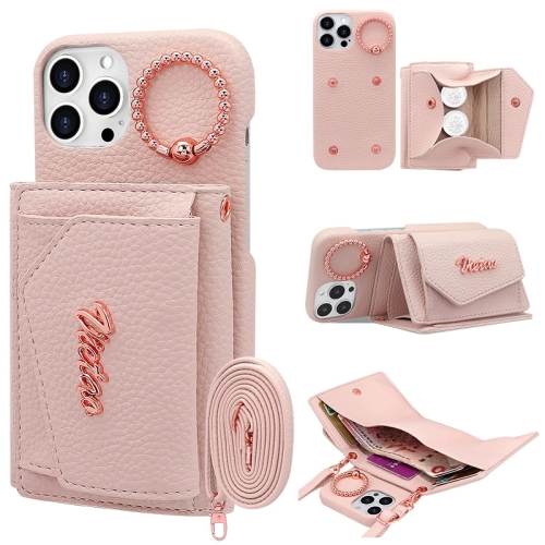 

For iPhone 15 Pro Max VIETAO Ring Holder Wallet PU Phone Case with Lanyard(Pink)