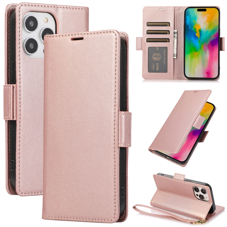 

For iPhone 13 Pro Max Side Buckle RFID Anti-theft Leather Phone Case(Rose Gold)