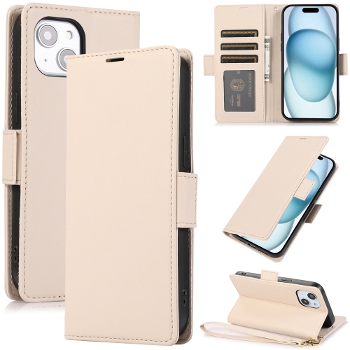 

For iPhone 15 Side Buckle RFID Anti-theft Leather Phone Case(Apricot)